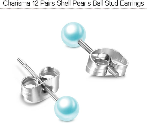 Charisma 4mm Composite Pearl Earrings Round Ball Pearls Stud Earrings Hypoallergenic 12 Pairs Mixed Color Imitation Pearl Earrings Set for Women...