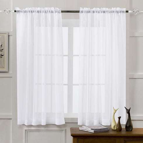 MYSTIC-HOME Sheer Curtains White 45 Inch Length, Rod Pocket Voile Drapes for Living Room, Bedroom, Window Treatments Semi Crinkle Curtain Panels f...