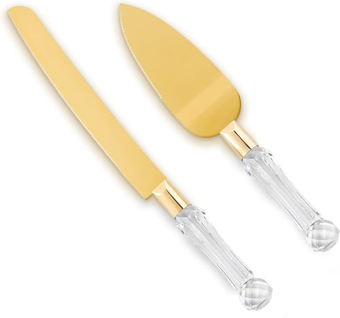 Wedding Cake Knife and Server Set Gold, Cake Cutter and Pie Spatula, Cake Server and Knife Set of 2 with Crystal Handles, 1.2mm Thick Blades, Cutt...