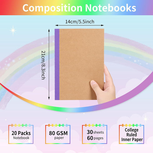 EOOUT 20 Pack A5 Kraft Notebooks, Lined Journal Bulk with Rainbow Spine, 10 Colors, 60 Pages Soft Cover Composition Notebooks for Women Girls Kids...