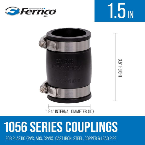 Fernco 1056-150 1-1/2-in. Flexible PVC Pipe Coupling for Cast Iron and Plastic Plumbing Connections 2-Pack...