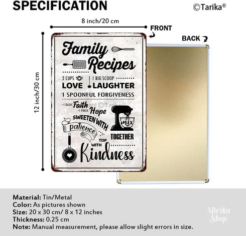 Family Recipes Love Laughter Forgiveness Faith Hope Patience Kindness White Background Metal Sign Home Kitchen Farmhouse Dinig Room Retro Art Wall...