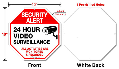 Video Surveillance Sign, 4 Pack 10 x 10 Rust Free .040 Aluminum Security Warning Reflective Metal Signs, Indoor or Outdoor Use for Home Business C...