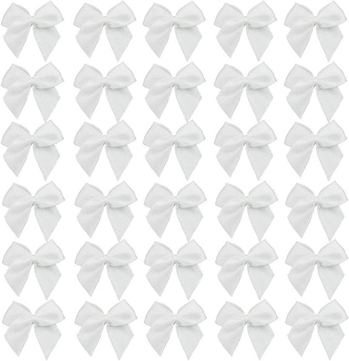 7Rainbows 50pcs Boutique Mini White Satin Ribbon Bows Flowers Appliques DIY Craft for Sewing Scrapbooking Wedding and Gift...