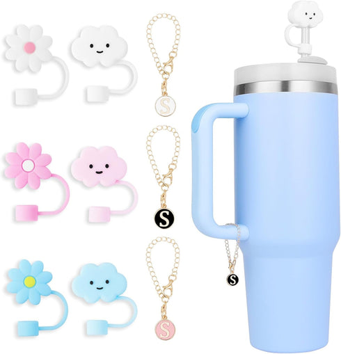6pcs Cloud Flower Straw Cover for Stanley Cup,Straw Topper 10mm Straw Tips Lids,with 3PCS Initial Personalized Letter Charm Stanley Tumblers Acces...