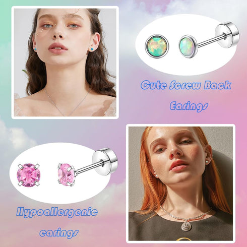 23 Pairs Hypoallergenic Titanium Earrings for Women Cute Heart CZ Flower Pearl Ball Tiny Flat Back Earrings G23 Titanium Earrings for Sensitive Ea...
