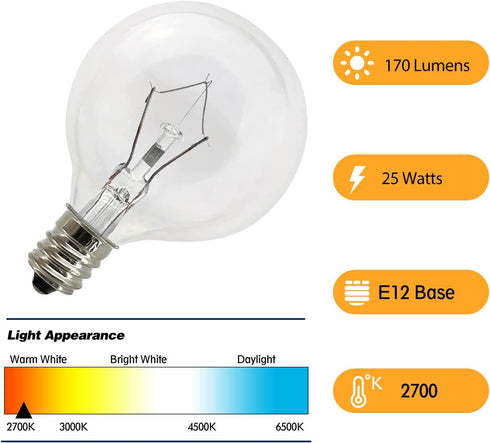 Wax Warmer Bulbs 6 Pack, G50 25 Watt Light Bulbs for Full Size Scentsy Warmers, E12 Base G16.5 Globe Clear Bulb for Candle Wax Warmer, Long Lifesp...
