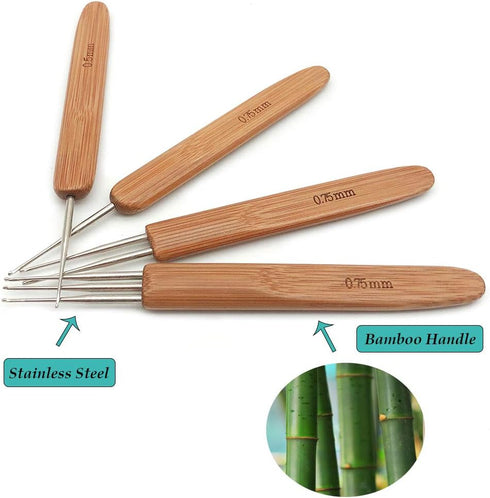 4pc Dreadlock Crochet Needle Hook for Hair Tool 0.75 0.5mm Crochet Hooks Needle for Hair Dreadlocks Bamboo Handle Weaving Needles Steel Crochet Ho...