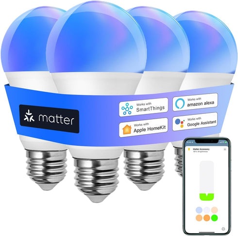 Matter Smart Light Bulbs, 2.4G WiFi Color Changing Light Bulbs, 9W/800LM, Bluetooth Light Bulb Work with Siri/Alexa/Google Assistant/SmartThing, A...