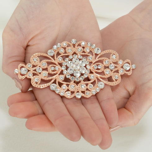 Mariell Vintage Bridal Crystal Brooch Pin, 4" Wide, Rose Gold Wedding Pin, Rhinestone Brooch for Brides and Wedding, Art Deco Fashion Accessory...