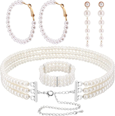 Women's Pearl Jewelry Set Multi Layer Faux Pearl Choker Necklace Pearl Stretch Bracelet Hoop Pearl Dangle Earrings Long Tassel Earrings Valentines...