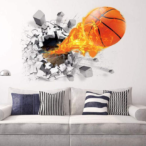 Supzone 3D Basketball Wall Sticker - Self-Adhesive Breakthrough Fireball Decor, Vinyl Removable Flying Basketball Art for Kids Bedroom Playroom Mu...