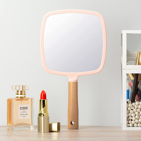 YEAKE Hand Held Mirror with Handle for Makeup,Small Cute Wood Hand Mirror for Shaving with Hole Hanging Single-Sided Portable Travel Vanity Mirror...
