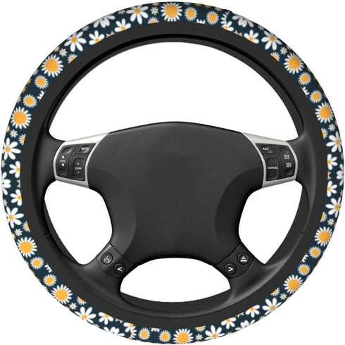 Daisy Flowers Car Steering Wheel Cover, White and Yellow Daisy Print Auto Steering Wheel Cover for Women, Anti-Slip Universal Fit 14.5-15 inch Car...