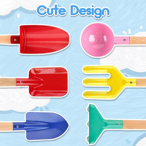 6 Piece Kids Beach Tools,Children Beach Sand Toys, Made of Metal with Sturdy Wooden Handle,Safe Beach Gardening Set,Spoon, Fork, Trowel, Rake & Sh...