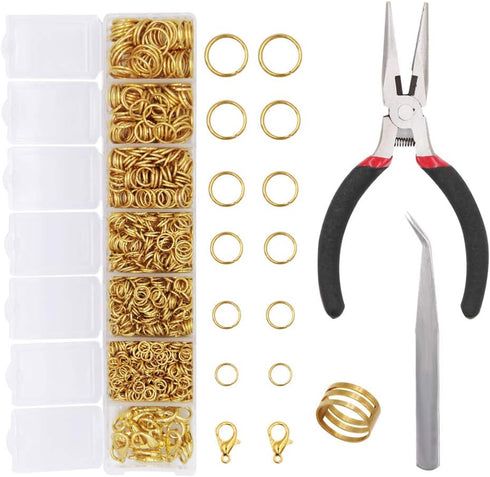 EuTengHao 1504Pcs Gold Open Jump Ring and Lobster Clasps Kit Jewelry Making Repair Supplies Kit with Jewelry Pliers Tweezers for Necklace Jewelry ...