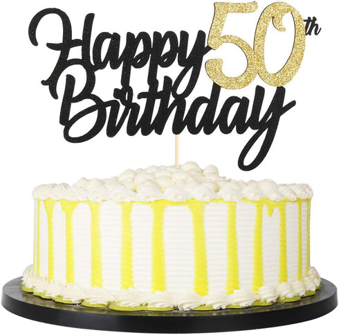 PALASASA Black Gold Glitter Happy Birthday cake topper - 50 Anniversary/Birthday Cake Topper Party Decoration (50th)...