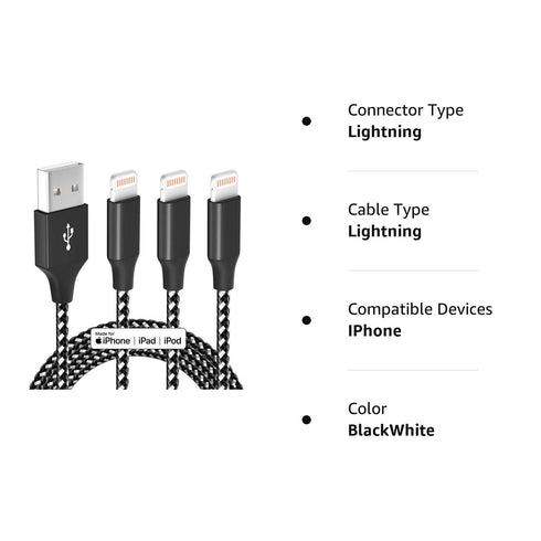 iPhone Charger Fast Charging Cord 3 Pack 10 FT Apple MFi Certified Lightning Cable Nylon Braided iPhone Charger Cord Compatible with iPhone 13 12 ...