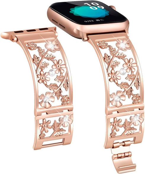 Floral Band Compatible with Apple Watch Jewelry Band 38mm 40mm 41mm 42mm iWatch Bands Series 10 9 8 7 SE,Bling Crystal Bracelet Hollow Metal Strap...