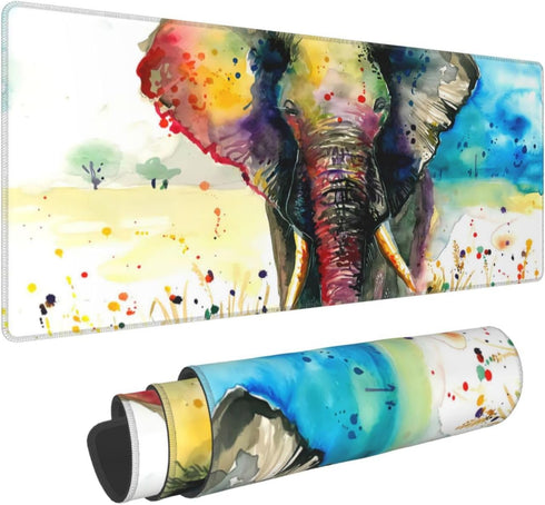 Watercolor Cool Elephant Large Mouse Pad Non-Slip Gaming Mousepad Rubber Base Keyboard Mouse Desk Mat Large Desk Mat Desk Pad Protector 31.5 x 11....