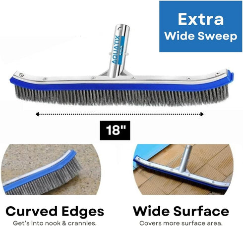 Aquatix Pro Pool Brush Head, 18" Heavy Duty for Cleaning Walls & Floors, Stainless Steel Bristles, Reinforced Aluminum Back, Curved Ends for Corne...