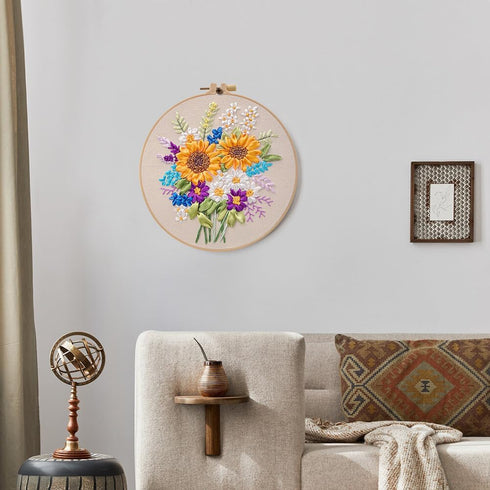 ikasus Embroidery Kit for Adult Beginners, Ribbon Embroidery Stitch Practice Kit Include Embroidery Cloth Hoops Threads for Craft Lover with Embro...