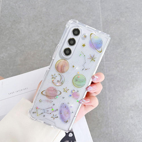Abbery for Samsung Z Fold 5 5G Case Space Theme Clear with Design Bling Glitter Sparkly Stars and Moon Planet Durable Shockproof Transparent Unive...