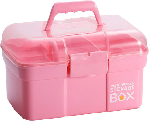 Kinsorcai 11'' Plastic Storage Box with Removable Tray, Multipurpose Organizer and Storage Case for Art Craft and Cosmetic (Pink)...