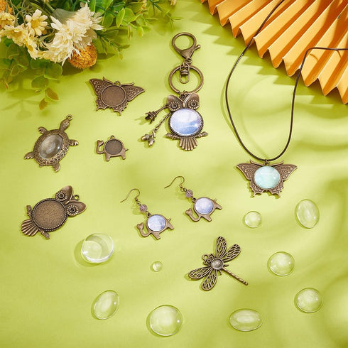PH PandaHall 60pcs Pendant Trays Kit 30pcs 5 Styles Bronze Blank Pendant Owl Turtle Pendant Bezel, 30pcs Clear Glass Cabochon Dome Settings for DI...