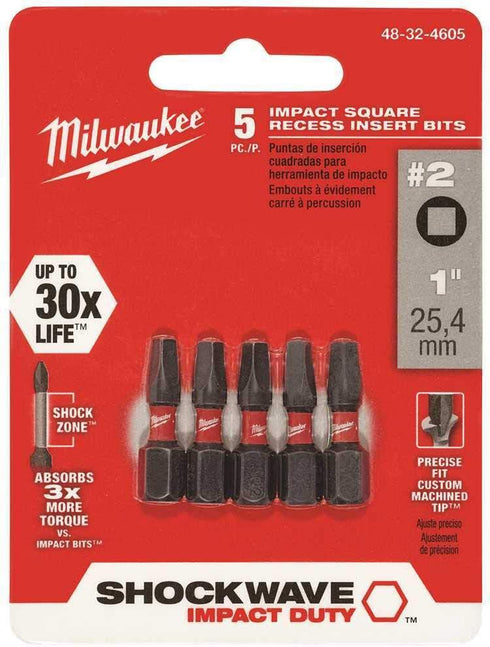 Milwaukee 48-32-4605 #2 Square Recess Shockwave 1" Insert Bit 5-Pack...