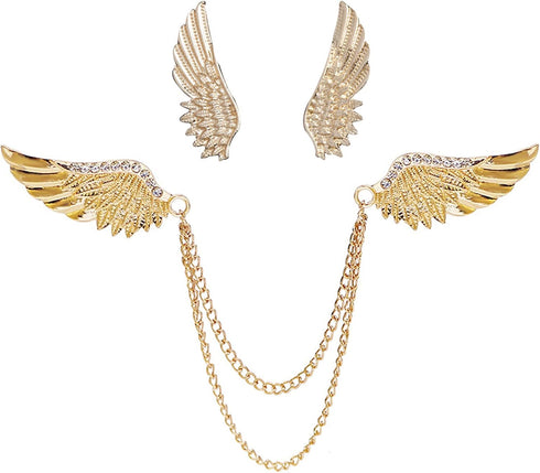 2PCS Angel Wings Tassel Chain Brooch Collar Pins,Rhinestone Metal Feather Lapel Pin, Suit Coat Breastpin for Women Men's Accessories...