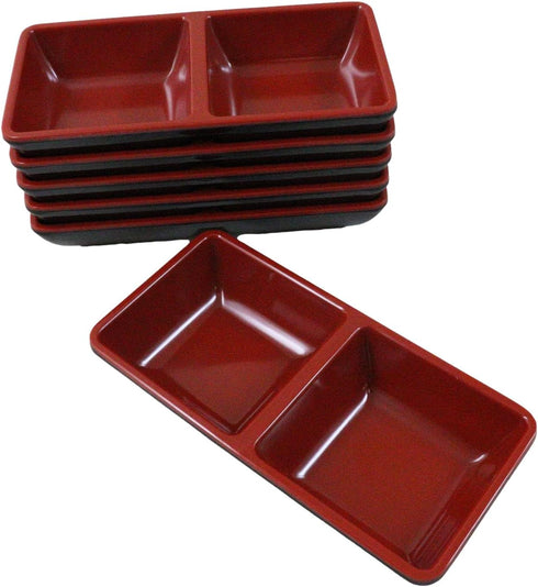 Ebros Red And Black Melamine Traditional Design Condiments Ketchup BBQ Soy Sauce Dipping Bowl or Dish With Divider 2 Partition Compartments Housew...