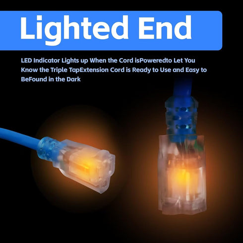 6 FT Outdoor Extension Cord with Lighted End - 12/3 Gauge Heavy Duty Extension Cord, 3 Prong Grounded Power Extension Cord, Blue, 15 AMP, SJTW...