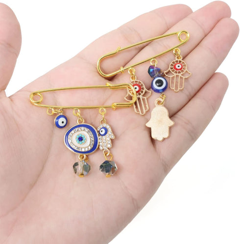 Honbay 2PCS Enamel Evil Eye Brooch Pins Safety Pins Rhinestones Lapel Pins with Tassel - 2 Style...