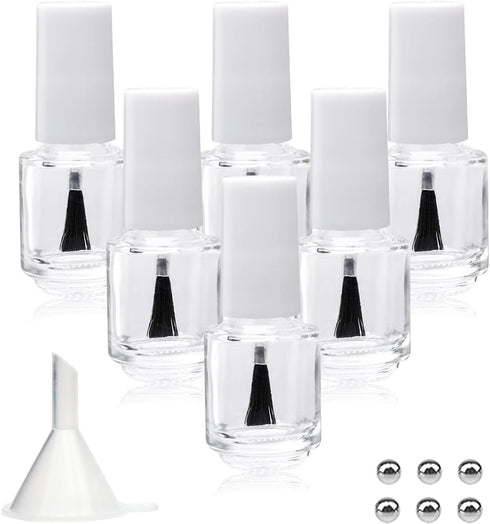 6PCS Empty Nail Polish Bottles with Brush White Cap, 5ML Empty Clear Glass Refillable Nail Fingernail Polish Bottles Circle with mixing beads & Fu...