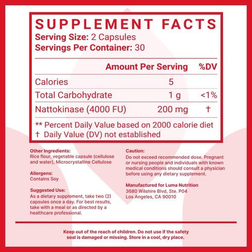 Luma Nutrition Nattokinase Supplement - Nattokinase 4000 FU Per Serving, Premium Nattokinase Formula for Heart Health Support - 60 Capsules - Made...