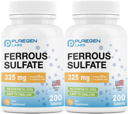 Puregen Labs Ferrous Sulfate 325 mg (65 mg Elemental Iron) High Potency Iron Supplement | No Artificial Color Additives - Total 400 Tablets Made i...