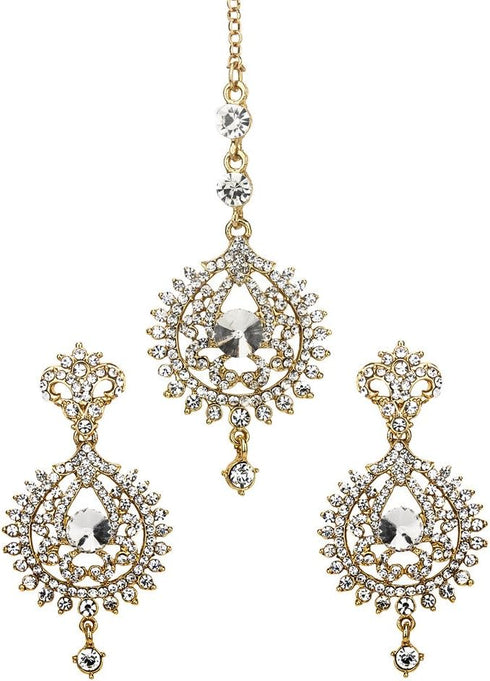 Rhinestone Round Drop Indian Earrings With HeadPiece Maang Tikka For Women...