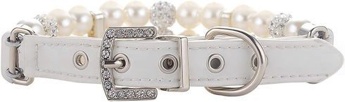KUDES Dog Cat Pearl Collars with Crystal Rhinestone Diamond Décor, Adjustable Cute Fashion Pet PU Leather Collars Necklace for Small Dog Pets Wedd...
