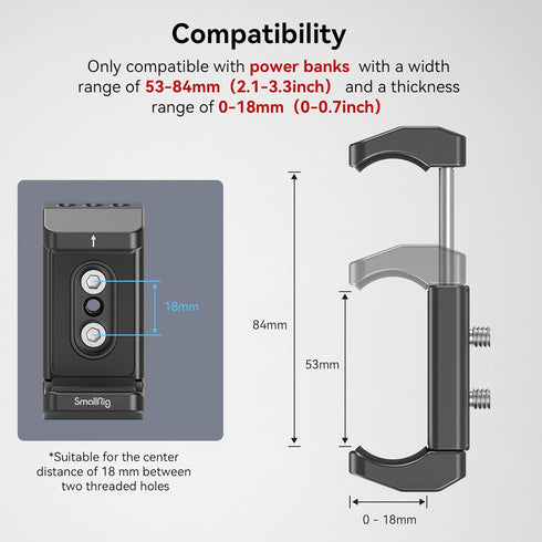 SmallRig Aluminum Power Bank Holder, Powerbank Mount Clamp Compatible with Width Range: 53 mm–84 mm (2.1–3.3 inches) and Thickness Range: 0 mm–18 ...