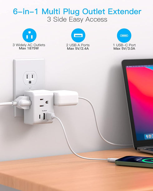 Multi Plug Outlet Extender, Power Strip Non Surge Protector Electric Outlet Splitter with 3 USB Wall Charger (1 USB C), Multiple Outlet Expander f...
