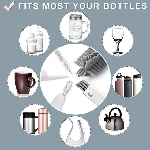 Bottle Cleaning Brush Set, Long Handle Silicone Cleaner Brushes + Thermos Lid Cup Brush + Drinking Straw Brush for Cleaning Baby Bottles, Narrow N...
