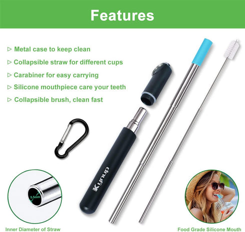 Kynup Reusable Straws, 4Pack Collapsible Portable Metal Straw Reusable Foldable Stainless Steel Drinking Travel Telescopic Straw with Case, Clean ...