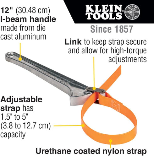 Klein Tools S12HB Strap Wrench, Adjustable Grip-It Strap Wrench Adjusts 1-1/2 to 5-Inch, 12-Inch Handle...