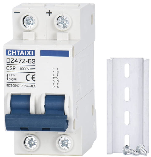 DC Miniature Circuit Breaker, 2 Pole 1000V 32 Amp Isolator for Solar PV System, Thermal Magnetic Trip, DIN Rail Mount, Chtaixi DC Disconnect Switc...