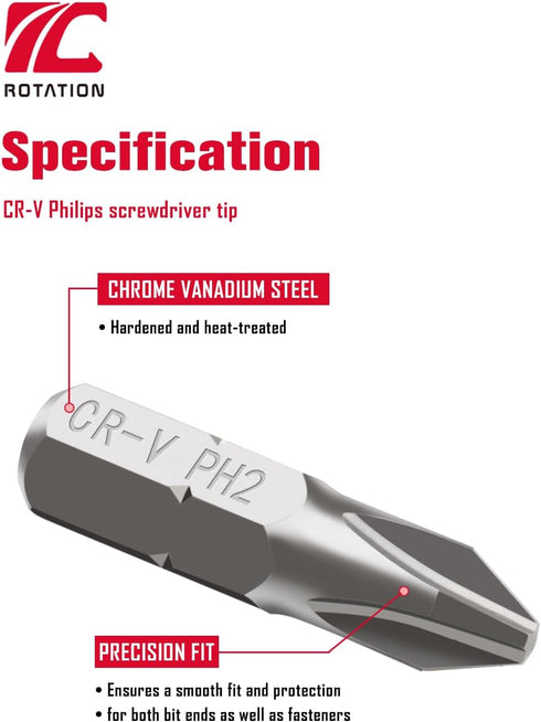 ROTATION 30-Piece Phillips #2 Bit Set PH2, Impact Grade, 1/4-inch Hex Shank, Chrome Vanadium Steel...