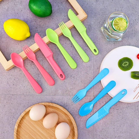 Kids Cutlery Set - Jawbush 9 Pcs Plastic Toddler Utensils Forks and Spoons with Knives for School Lunch Box Camping or Travel, Reusable Kids Silve...