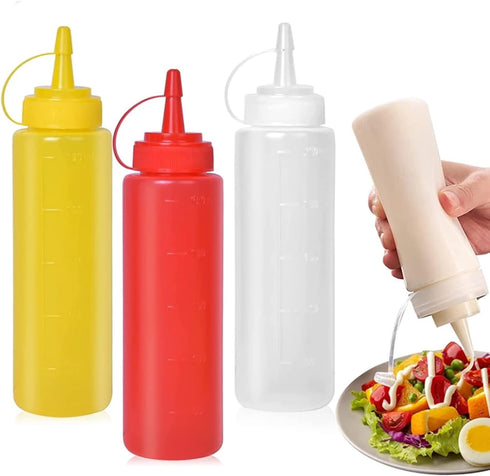 CONDRA FIELD Condiment Sauces Squeeze Bottles - (3Pcs-13.5oz),with Leak-Proof Cap and Scale Line.Plastic Squeeze Squirt Bottles for Ketchup,Mustar...