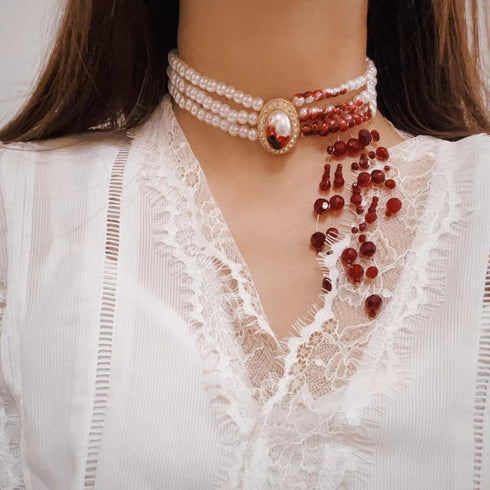 Dripping Blood Necklace,Man-made Pearls Choker Halloween Party Beads Necklace Vampire Witch Party Costume...