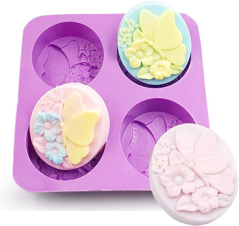 EchoDone 4 Cavities Oval Butterfly Flower Silicone Soap Mold DIY Handmade Silicone Molds for Soap Candle Bath Bomb Lotion Bar Cold Process Making ...